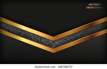 Black abstract luxury background. Texture with realistic golden element and silver glitters dots. Modern overlap background.