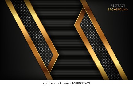 Black abstract luxury background. Texture with realistic golden element and silver glitters dots. Modern overlap background.