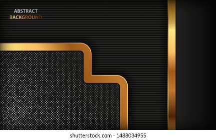 Black abstract luxury background. Texture with realistic golden element and silver glitters dots. Modern overlap background.