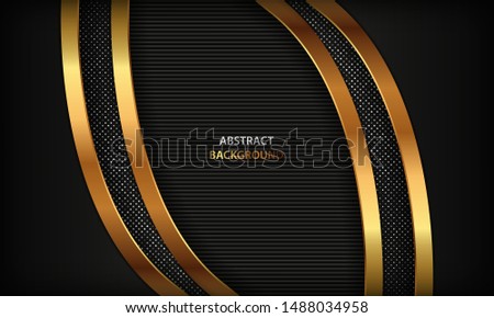 Black abstract luxury background. Texture with realistic golden element and silver glitters dots. Modern overlap background.