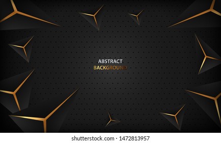 Black abstract luxury triangle background with golden elements. Elegant polygonal design template.