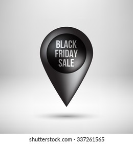 Black abstract map pointer badge, gps button with black friday sale text, realistic shadow and light background for logo, design concepts, banners, apps, presentations and prints. Vector illustration.