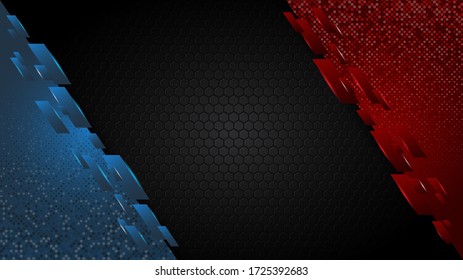 Black abstract mat geometric red and blue background elegant futuristic glossy red and blue light with grid line.Modern shape concept.