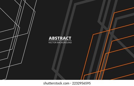 Black abstract modern background with gray and orange geometric lines and outlines. Vector illustration