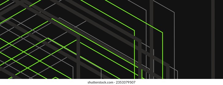 Black abstract modern background with gray and orange geometric lines and outlines. Wide vector illustration