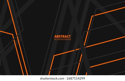 Fondo moderno abstracto negro con líneas y contornos geométricos grises y naranjas. Ilustración vectorial