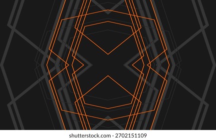 Fondo moderno abstracto negro con líneas geométricas grises y naranjas y contornos con flechas y ángulos. Ilustración vectorial futurista