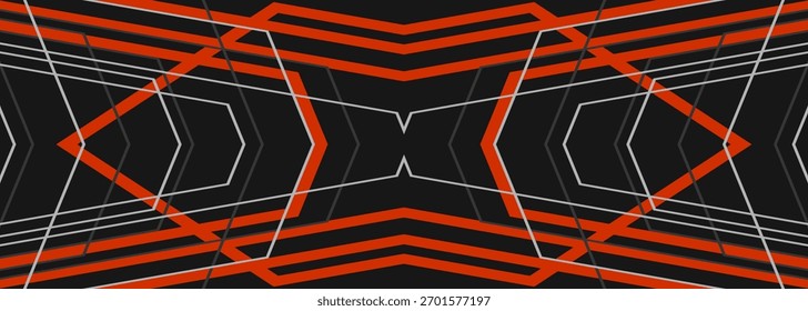 Black abstract modern horizontal banner design with gray and red geometric lines and outlines. Dark futuristic wide background concept with angles and arrows. Vector illustration