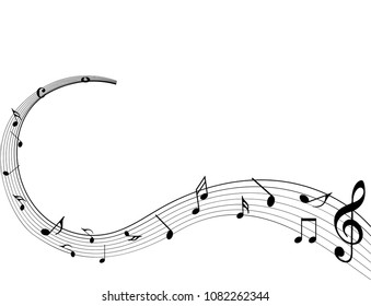 Black Abstract music notes on rainbow line wave background. Black G-clef and music notes isolated vector illustration Can be adapt to Brochure, Annual Report, Magazine, Poster, music background.