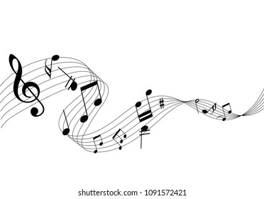 Black Abstract music notes on black line wave background. Black G-clef and music notes isolated vector illustration Can be adapt to Brochure, Annual Report, Magazine, Poster, music background.