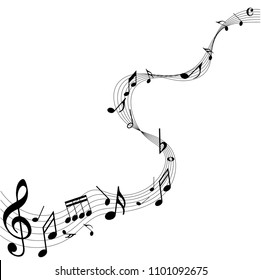 Black Abstract music notes on rainbow line wave background. Black G-clef and music notes isolated vector illustration Can be adapt to Brochure, Annual Report, Magazine, Poster, music background. 