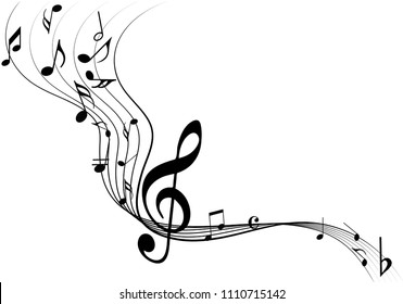 Black Abstract music notes on rainbow line wave background. Black G-clef and music notes isolated vector illustration Can be adapt to Brochure, Annual Report, Magazine, Poster, music background.