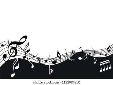 Black Abstract music notes on rainbow line wave background. Black G-clef and music notes isolated vector illustration Can be adapt to Brochure, Annual Report, Magazine, Poster, music background. 