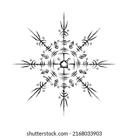 Black abstract old Icelandic symbol. Viking norse rune sign of strenght and glory. Brushed circle Scandinavian design element