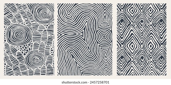 Black Abstract Organic Pattern. Circles, Dots, Stripes, Lines Brush Strokes. Modern Printable Background Ornament. Abstract Organic Shape. Grounge Texture Walpaper. Fabric Textile Background.	