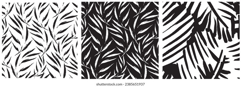 Black Abstract Organic Pattern. Leaves Brush Strokes. Modern Printable Background Ornament. Abstract Organic Shape. Grounge Texture Walpaper. Fabric Textile Background. 