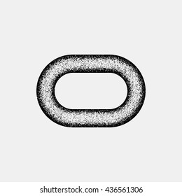 Black abstract oval badge, geometric shape with film grain, noise, dotwork, grunge texture and black background for logo, design concepts, posters, banners, web and prints. Vector illustration.