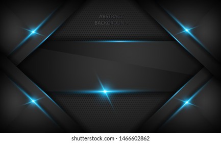 Black abstract overlap background. Texture with blue metallic effect. Modern technology design template.