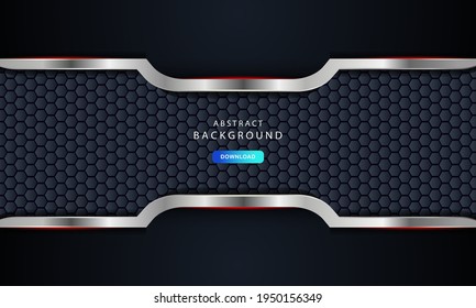 Black abstract overlap background vector. Realistic overlap layer on hexagon pattern background. Texture with silver list decoration.