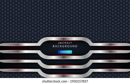 Black abstract overlap background vector. Realistic overlap layer on hexagon pattern background. Texture with silver list decoration.