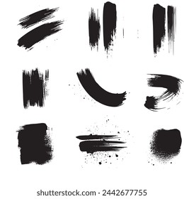 Pintura abstracta negra Pincel Conjunto de pinceladas sobre fondo blanco Cada una con estilo único
