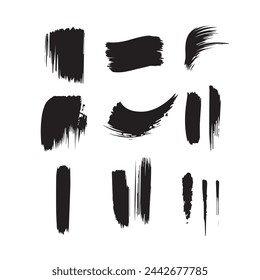 Black abstract paint Brush Stroke Set on white background Each with Unique Style