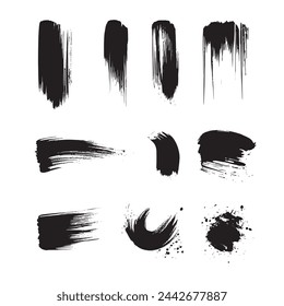 Black abstract paint Brush Stroke Set on white background Each with Unique Style