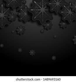 Black abstract paper snowflakes with shadow. New Year or Christmas holiday elegant background. Vector seamless greeting card