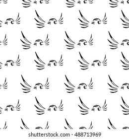 Black abstract pattern of elements of birds with feathers on a white background. Seamless background. The eagle with wings down. Realistic bird's head. Isolated abstract vector image.