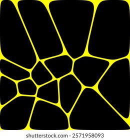 A black abstract pattern featuring irregular polygonal shapes outlined in bright yellow, creating a striking, modern, and dynamic stained-glass-like design within a square frame.

