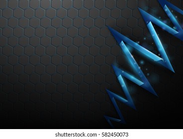 Black abstract pattern hexagons and blue cracked surface. Technology concept