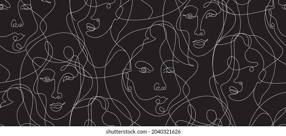Black abstract pattern with one line portrait of a girl in the style of cubism and picasso for women is textile and surface design