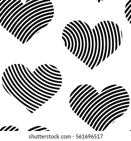 Black Abstract Pattern of striped hearts. Overlay vector seamless pattern.