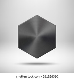 Black abstract polygon, hex badge, technology blank button template with metal texture (chrome, steel), realistic shadow and light background for interfaces, applications, apps. Vector illustration.