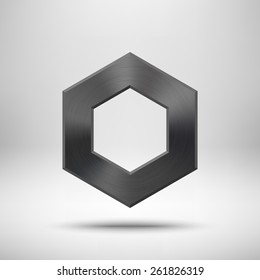 Black abstract polygon, hex badge, technology blank button template with metal texture (chrome, steel), realistic shadow and light background for interfaces, applications, apps. Vector illustration.