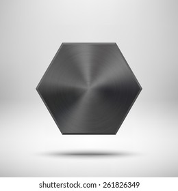Black abstract polygon, hex badge, technology blank button template with metal texture (chrome, steel), realistic shadow and light background for interfaces, applications, apps. Vector illustration.