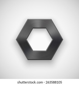 Black abstract polygon, hex badge, technology blank button template with metal texture (chrome, steel), realistic shadow and light background for interfaces, applications, apps. Vector illustration.