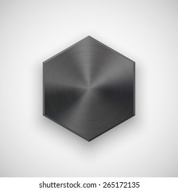 Black abstract polygon, hex badge, technology blank button template with metal texture (chrome, steel), realistic shadow and light background for interfaces, applications, apps. Vector illustration.