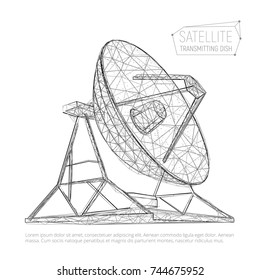 Black abstract polygonal satellite dish for space exploration. Vector illustration of radio antenna consisting of triangles, polygons, points and lines with place for text isolated on white background