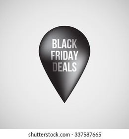 Black abstract premium map pointer, luxury badge, gps button with black deals text, realistic shadow and light background for logo, design concepts, banners, apps and prints. Vector illustration