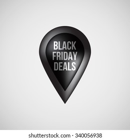 Black abstract premium map pointer, realistic luxury badge, gps button with black friday deals text and light background for logo, design concepts, banners, apps and prints. Vector illustration