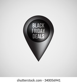 Black abstract premium map pointer, realistic luxury badge, gps button with black friday deals text and light background for logo, design concepts, banners, apps and prints. Vector illustration