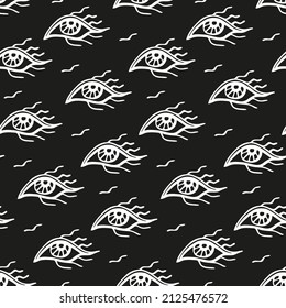 Huella psicodélica abstracta negra con ojos blancos. La bruja parece un patrón impecable para los diseños místicos de amuletos protectores del mal ojo. Aterradora mirada divina. Ilustración vectorial dibujada a mano.  