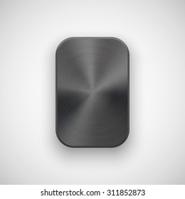 Black abstract rectangle badge, blank button template with metal texture (chrome, silver, steel), realistic shadow and light background for interfaces, UI, applications and apps. Vector illustration.