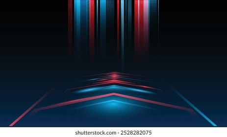 Negro abstracto rojo azul tecnología de carreras de velocidad de fondo geométrico elegante futurista brillante rojo y azul luz con línea de cuadrícula. Concepto de forma moderna.