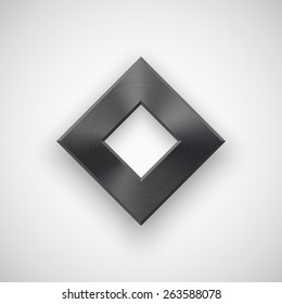 Black abstract rhombic badge, technology blank button template with metal texture (chrome, steel), realistic shadow and light background for interfaces, UI, applications, apps. Vector illustration.