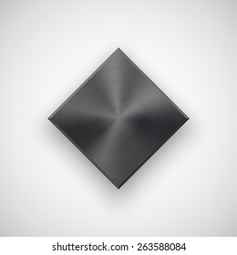 Black abstract rhombic badge, technology blank button template with metal texture (chrome, steel), realistic shadow and light background for interfaces, UI, applications, apps. Vector illustration.