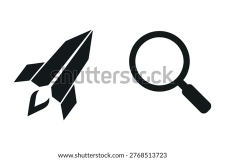 Black abstract rocket ship icon and magnifying glass symbol isolated on transparent background representing speed and search