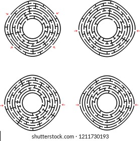 Black abstract round maze with a place for your drawing. Set of four puzzles. An interesting and useful game for children. Simple flat vector illustration isolated on white background.