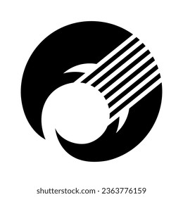 Black Abstract Round Shark Fin Icon with Diagonal Stripes on a White Background